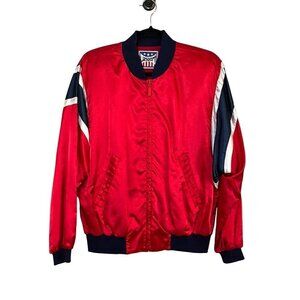 Lizsport Satin Bomber Jacket M Red Striped Vintage Retro Preppy Classic Biker